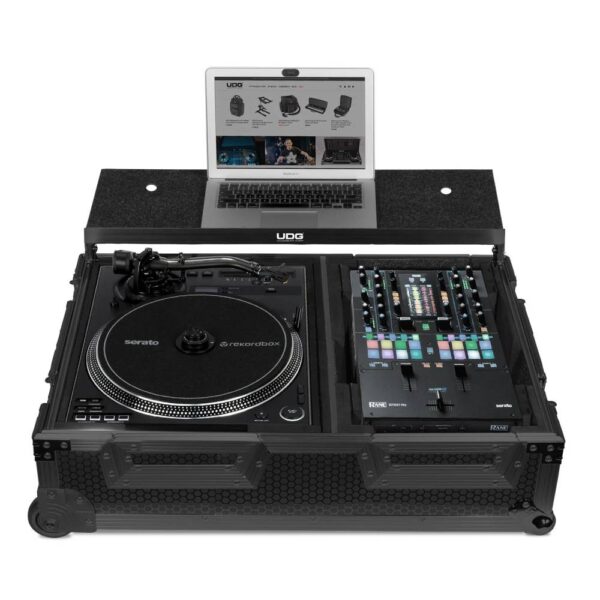 U91100BL UDG Ultimate Flight Case Single Turntable Battle/ PLX-CRSS12 & 10"/12" Mixer Black Plus (Laptop Shelf, Trolley & Wheels)